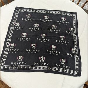 Black Drippy Skull And Crossbones Silk Bandana.  Rolled Edges. Black White Pink.